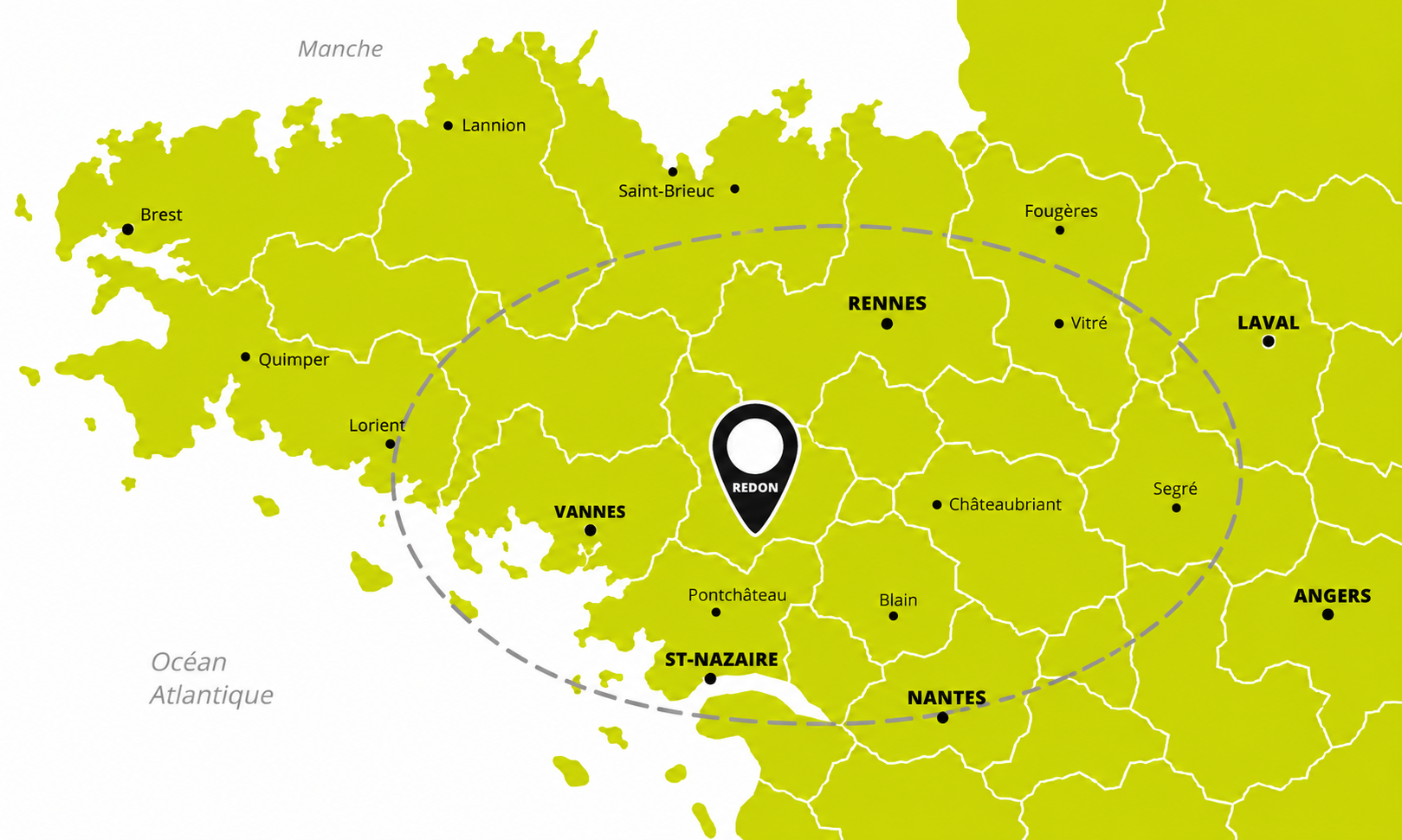 Zone d’intervention de P2ID depuis Redon en Bretagne